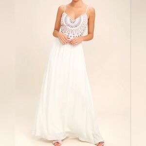 Lulu's Ascension Island White Embroidered Boho Maxi Dress Women's S